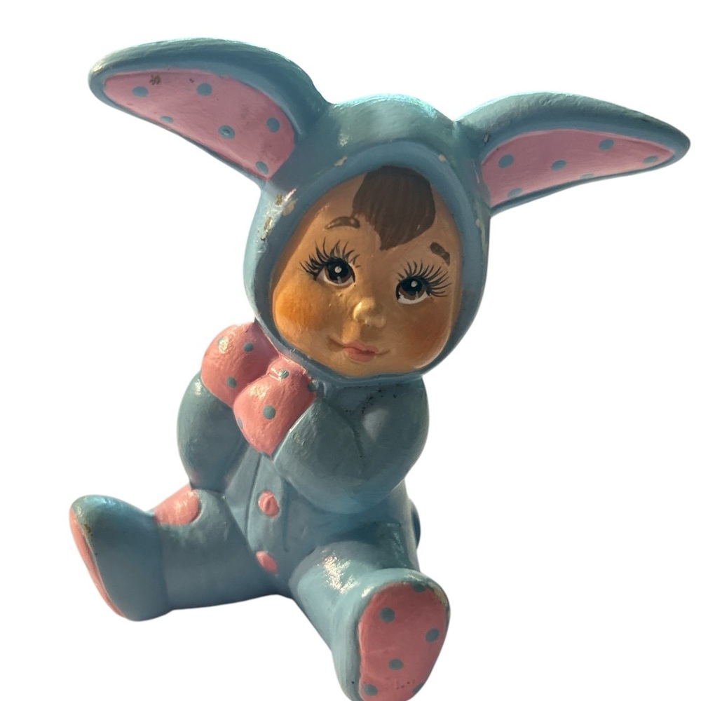 Vintage Blue and Pink Baby Bunny Figurine - peek a boo back - Picture 1 of 2